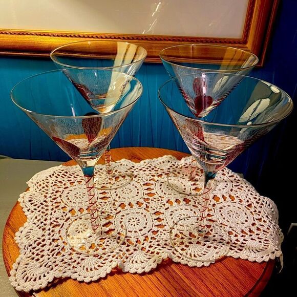 Martini glasses, red stripe, stem red in vase of glass set of four like new - Picture 1 of 4